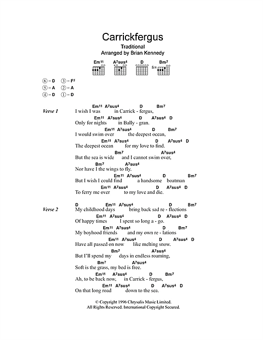 Brian Kennedy Carrickfergus sheet music notes and chords arranged for Guitar Chords/Lyrics