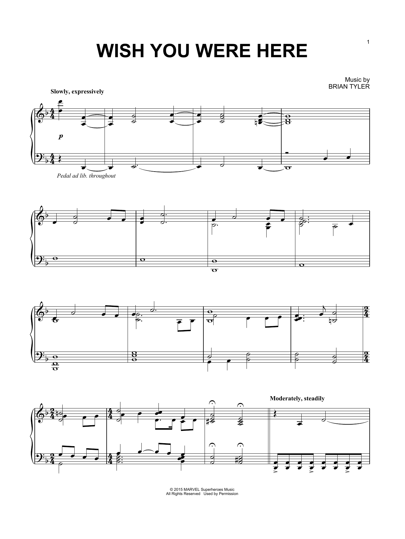 Brian Tyler Wish You Were Here sheet music notes and chords arranged for Piano Solo