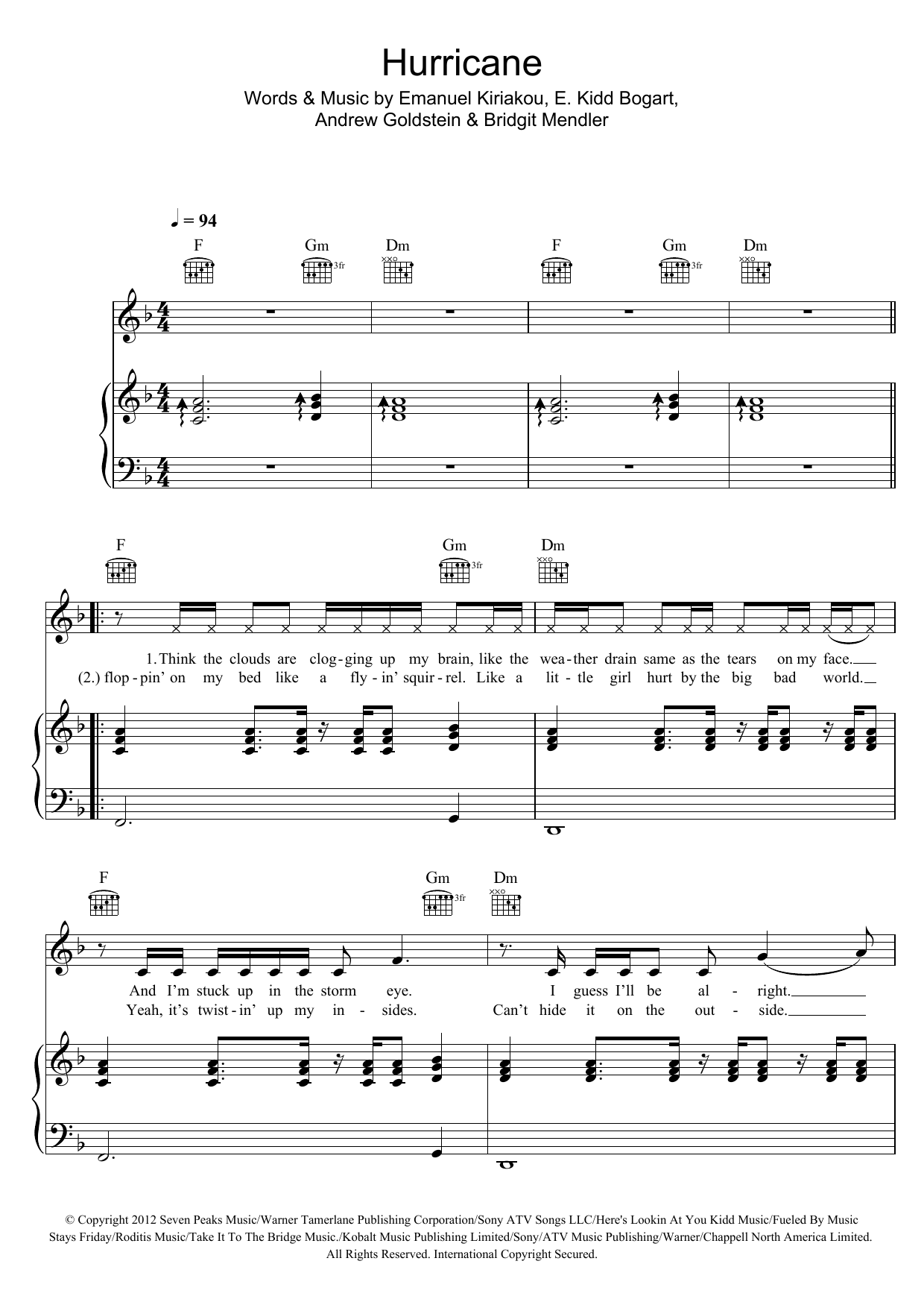 Bridgit Mendler Hurricane sheet music notes and chords arranged for Piano, Vocal & Guitar Chords