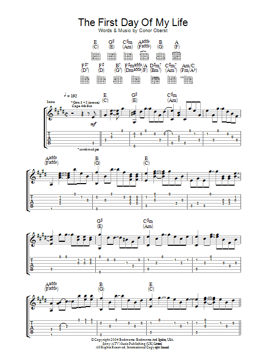 Bright Eyes First Day Of My Life sheet music notes and chords arranged for Piano, Vocal & Guitar Chords (Right-Hand Melody)
