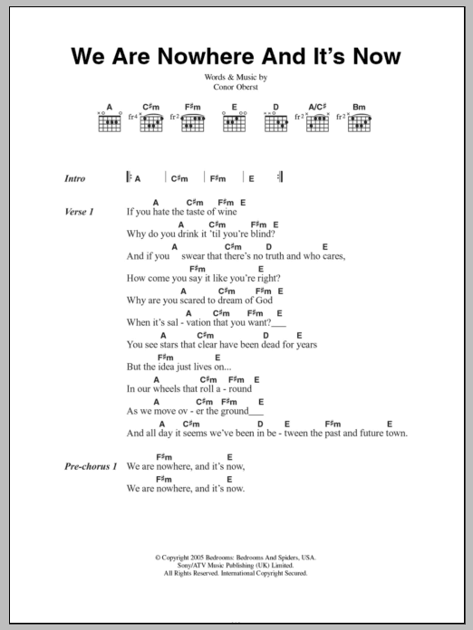 Bright Eyes We Are Nowhere And It's Now sheet music notes and chords arranged for Guitar Chords/Lyrics