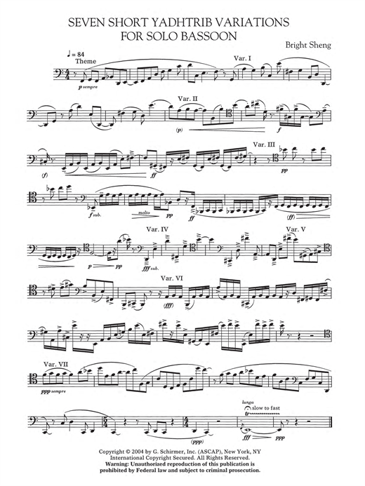 Bright Sheng Seven Short Yadhtrib Variations sheet music notes and chords arranged for Bassoon Solo