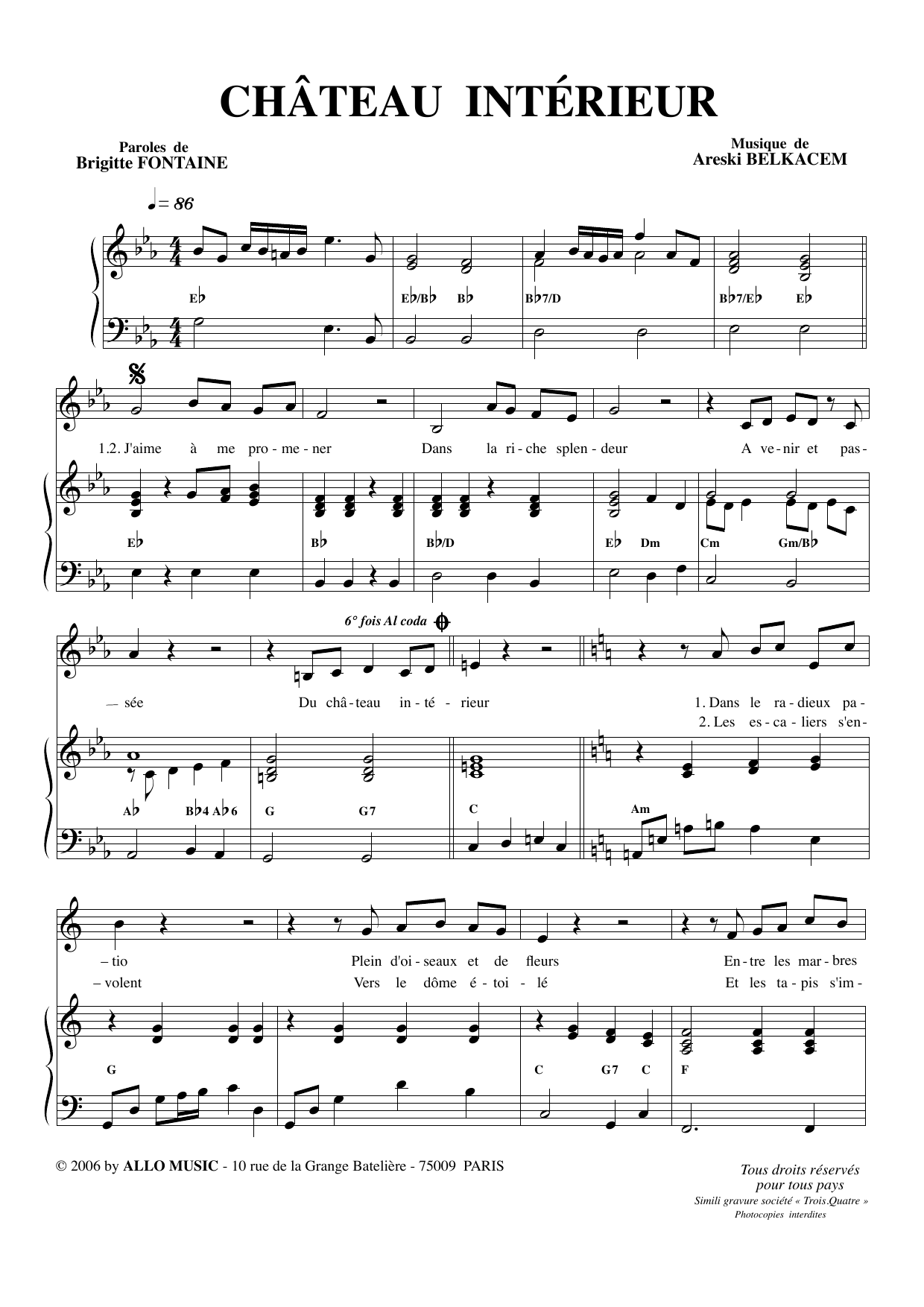 Brigitte Fontaine & Areski Belkacem Chateau intérieur sheet music notes and chords arranged for Piano & Vocal