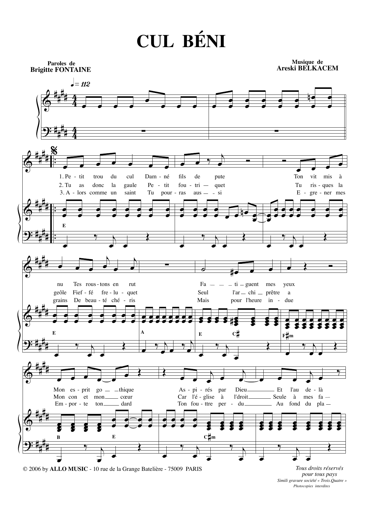 Brigitte Fontaine & Areski Belkacem Cul Beni sheet music notes and chords arranged for Piano & Vocal