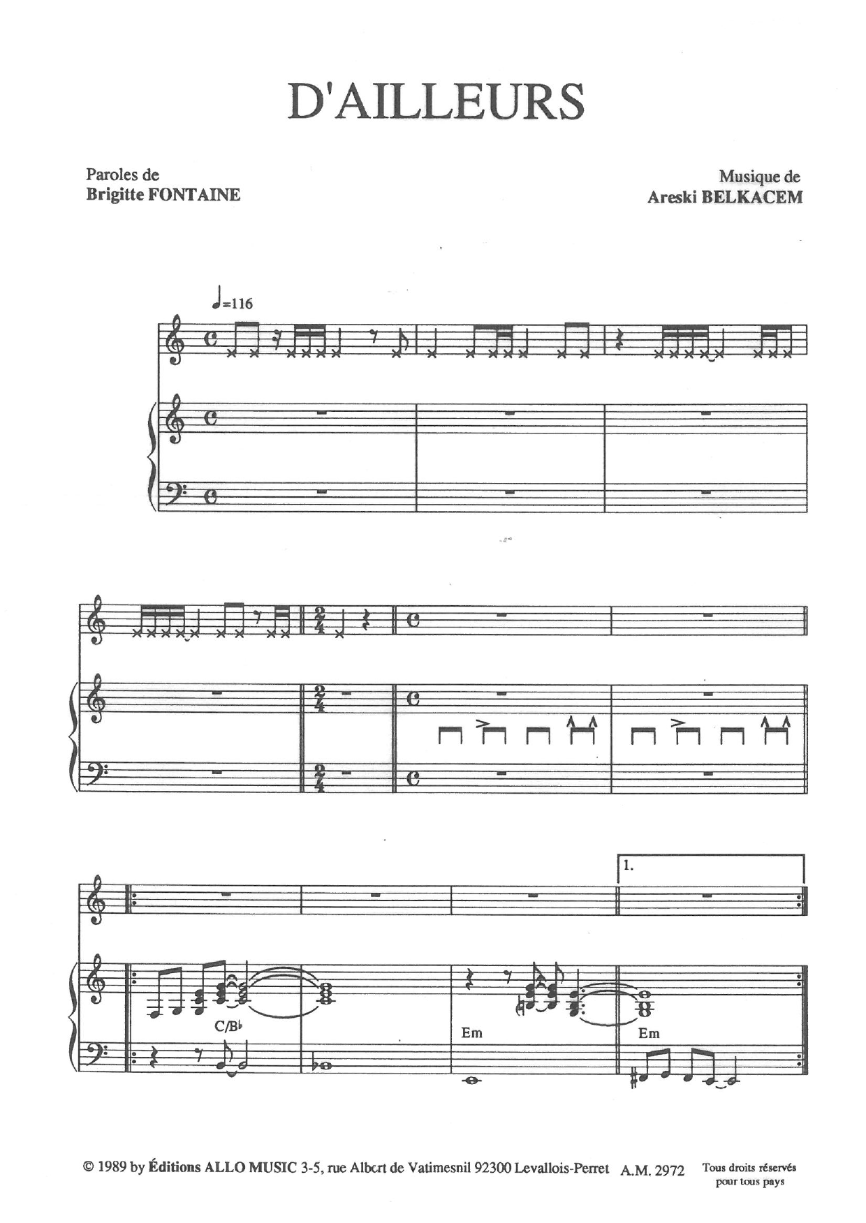 Brigitte Fontaine & Areski Belkacem D'ailleurs sheet music notes and chords arranged for Piano & Vocal