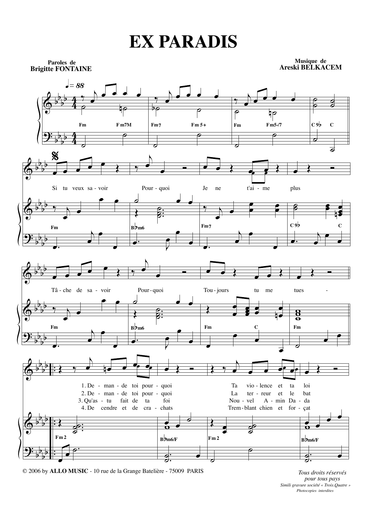 Brigitte Fontaine & Areski Belkacem Exparadis sheet music notes and chords arranged for Piano & Vocal