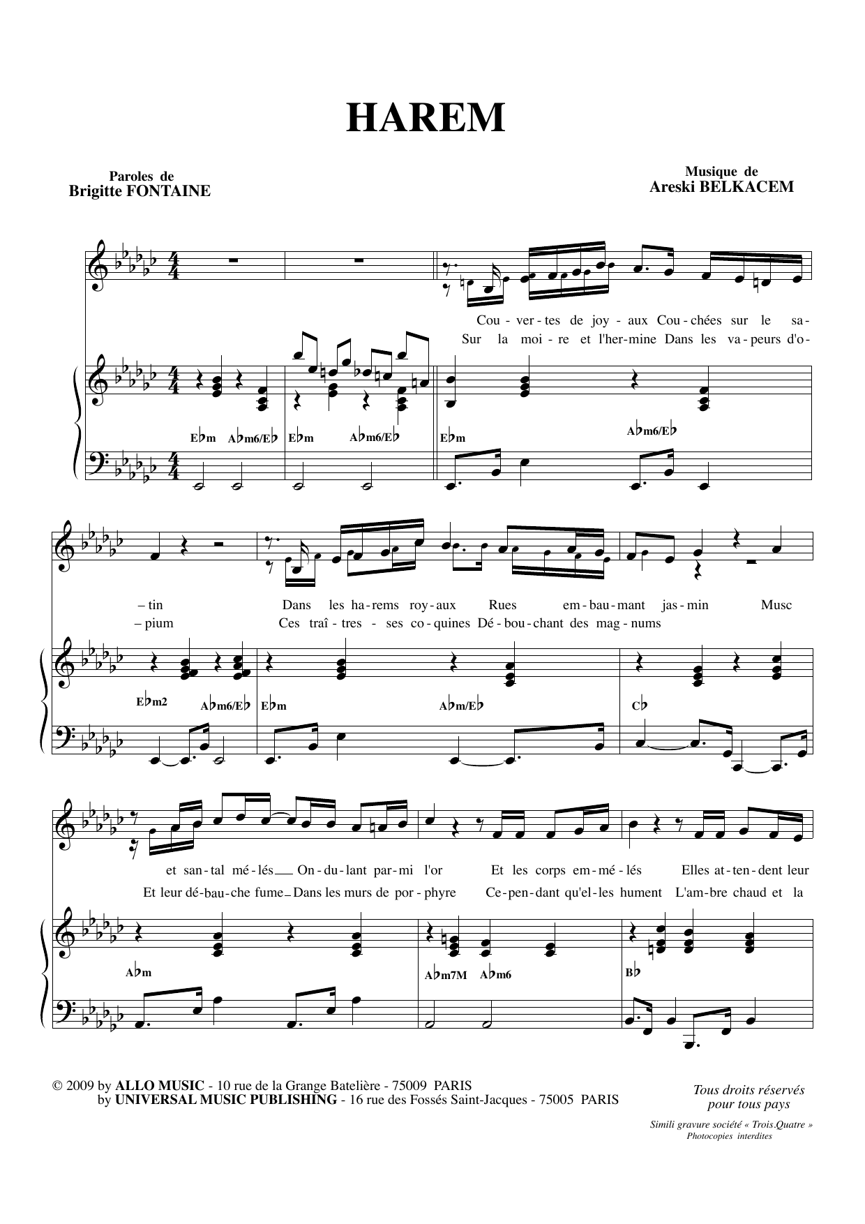 Brigitte Fontaine & Areski Belkacem Harem sheet music notes and chords arranged for Piano & Vocal