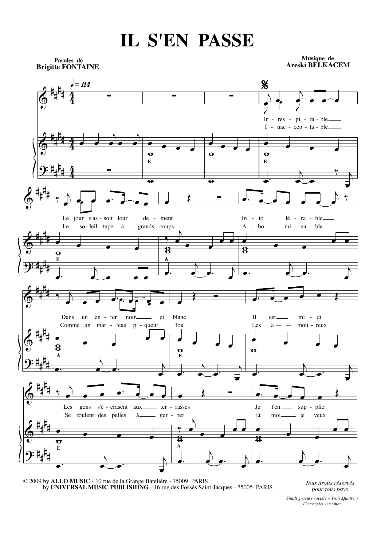 Brigitte Fontaine & Areski Belkacem Il Se Mele A Tout Ca sheet music notes and chords arranged for Piano & Vocal