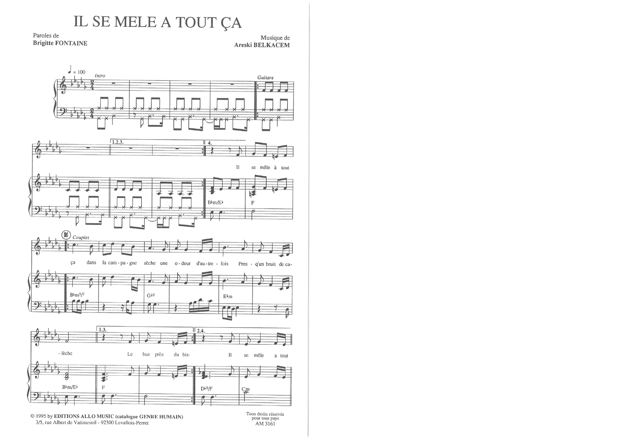 Brigitte Fontaine & Areski Belkacem Il S'en Passe sheet music notes and chords arranged for Piano & Vocal