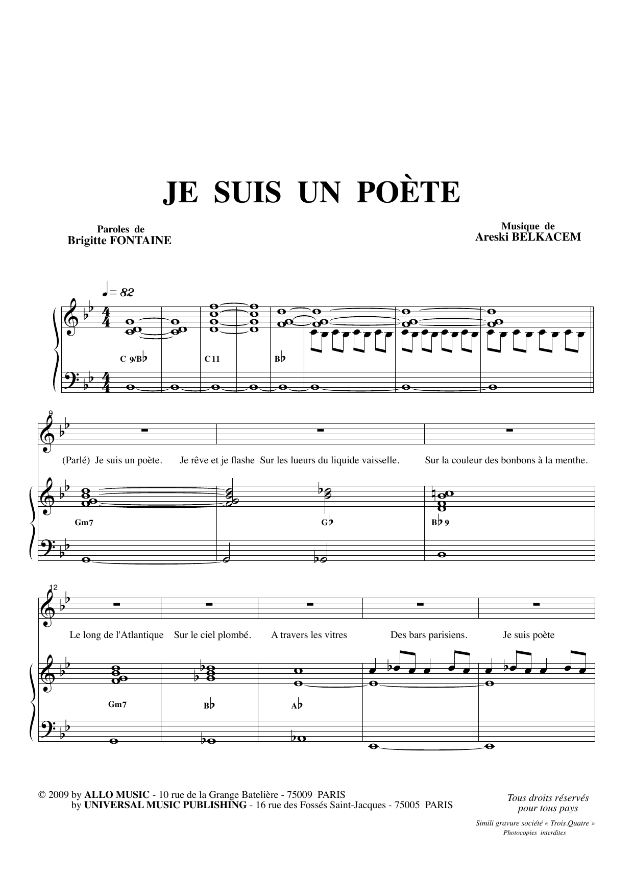 Brigitte Fontaine & Areski Belkacem Je Suis Un Poète sheet music notes and chords arranged for Piano & Vocal
