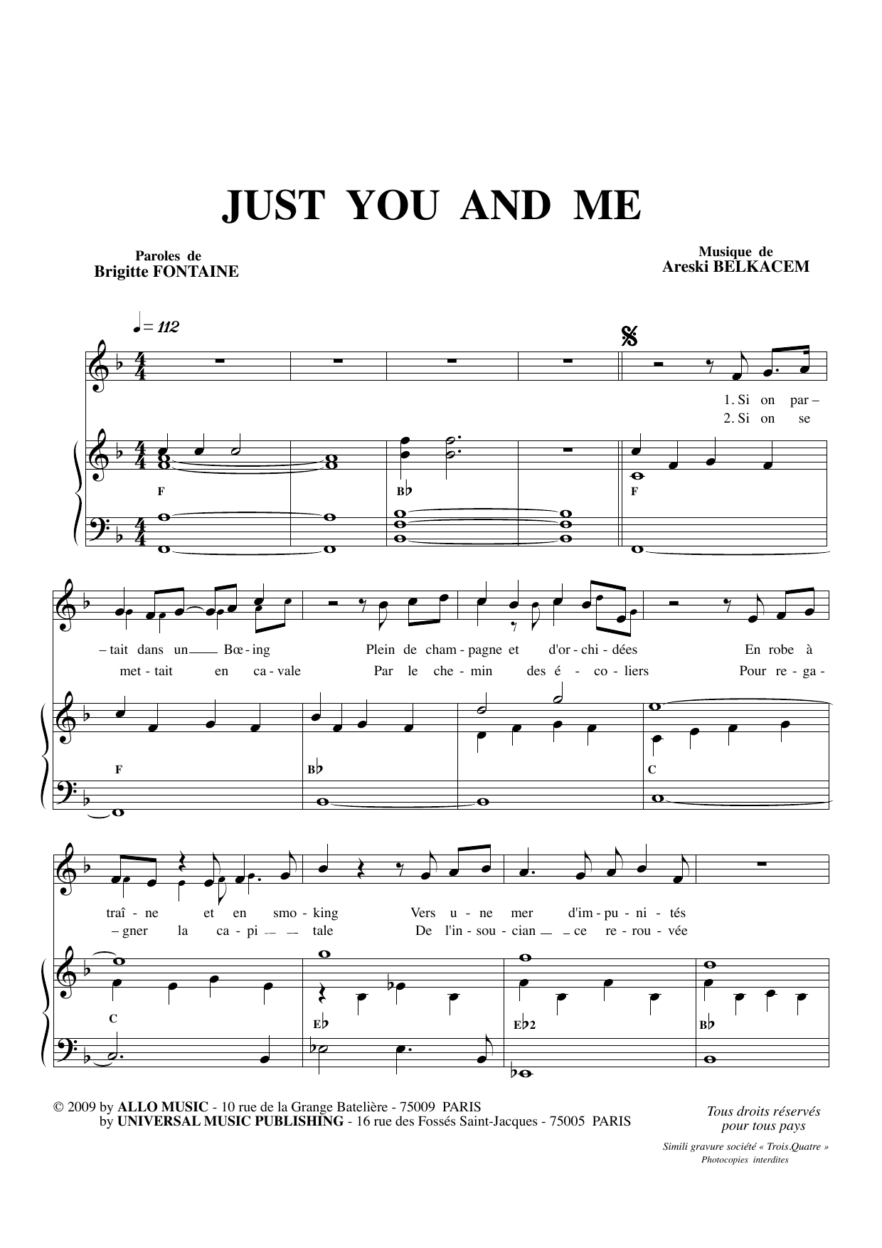 Brigitte Fontaine & Areski Belkacem Just You And Me sheet music notes and chords arranged for Piano & Vocal
