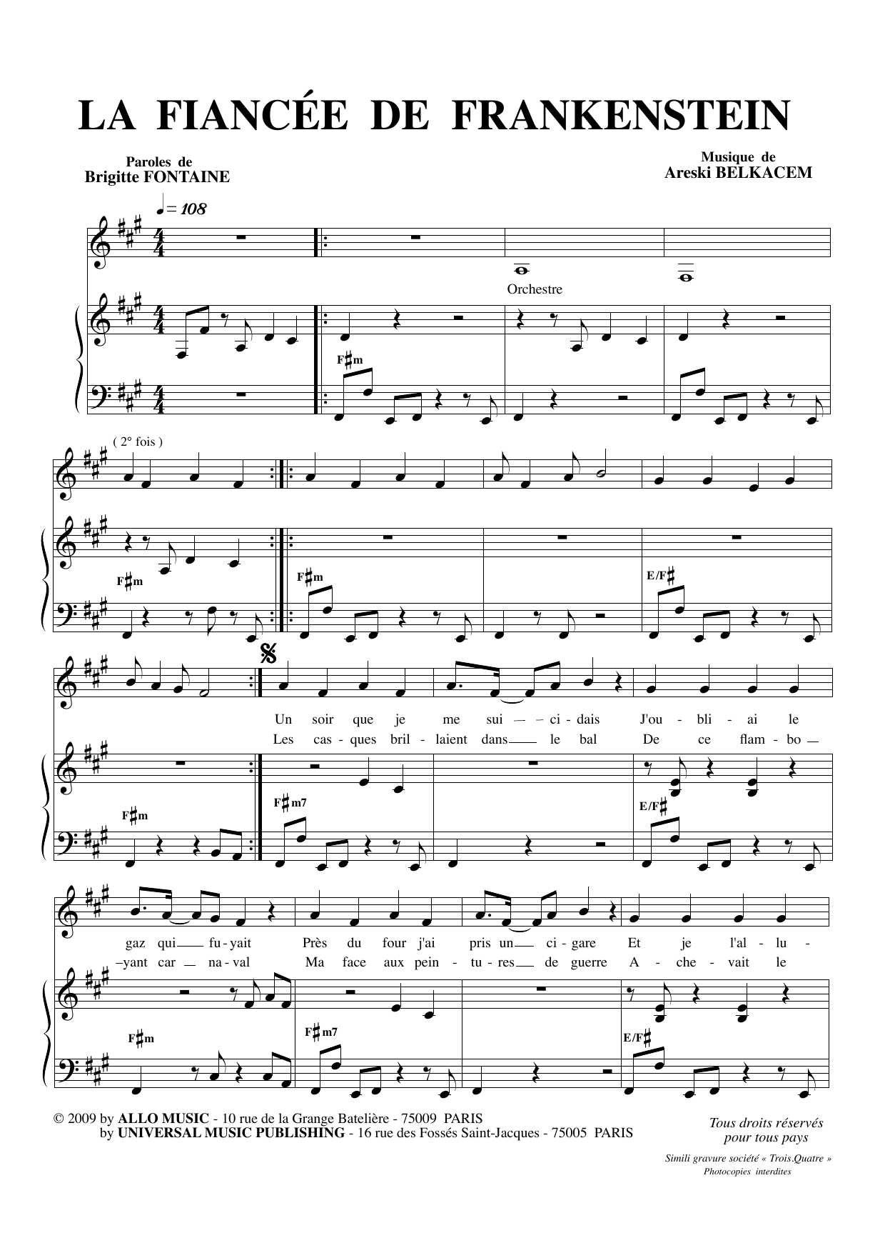 Brigitte Fontaine & Areski Belkacem La Fiancée de Frankenstein sheet music notes and chords arranged for Piano & Vocal