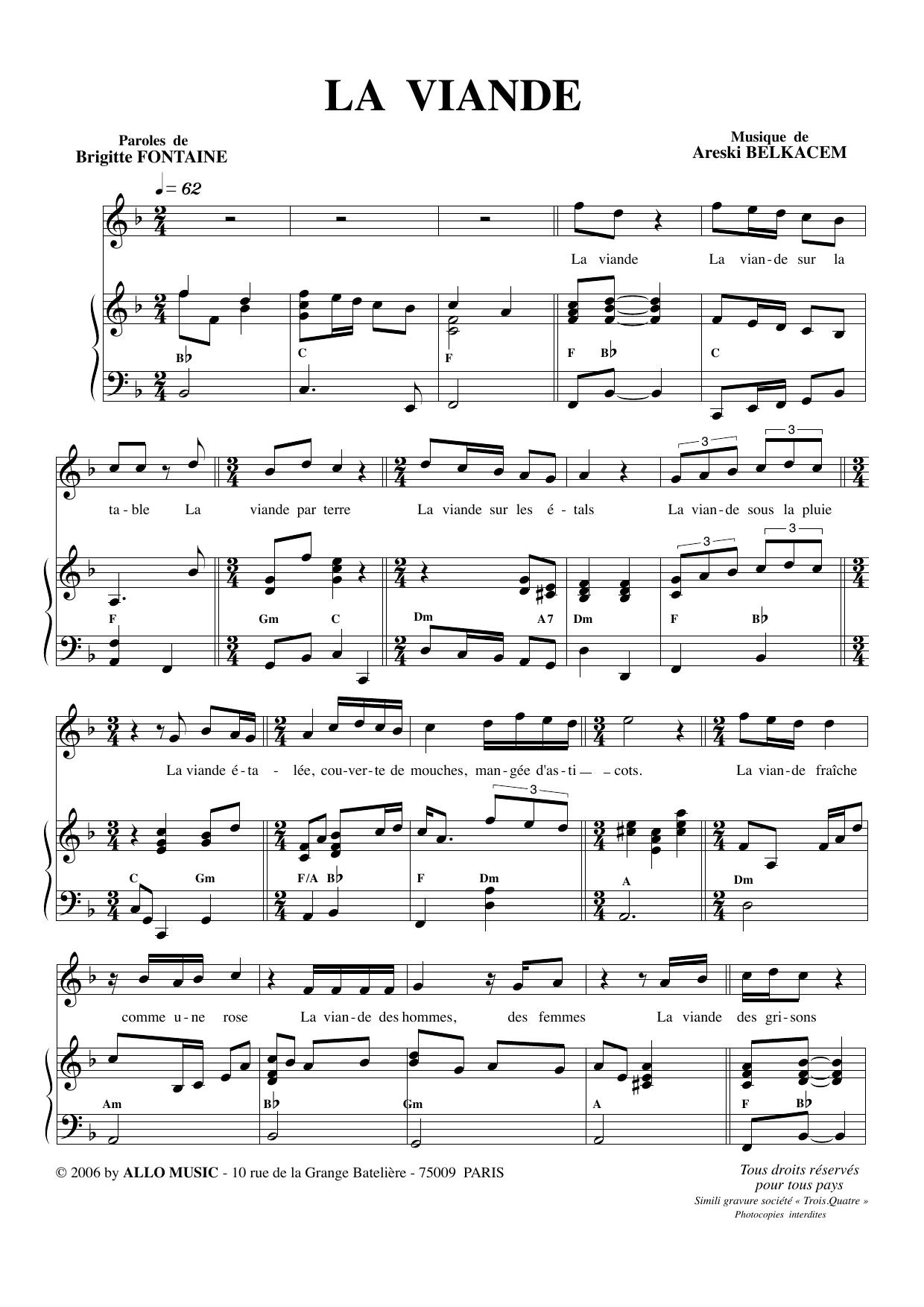 Brigitte Fontaine & Areski Belkacem La Viande sheet music notes and chords arranged for Piano & Vocal