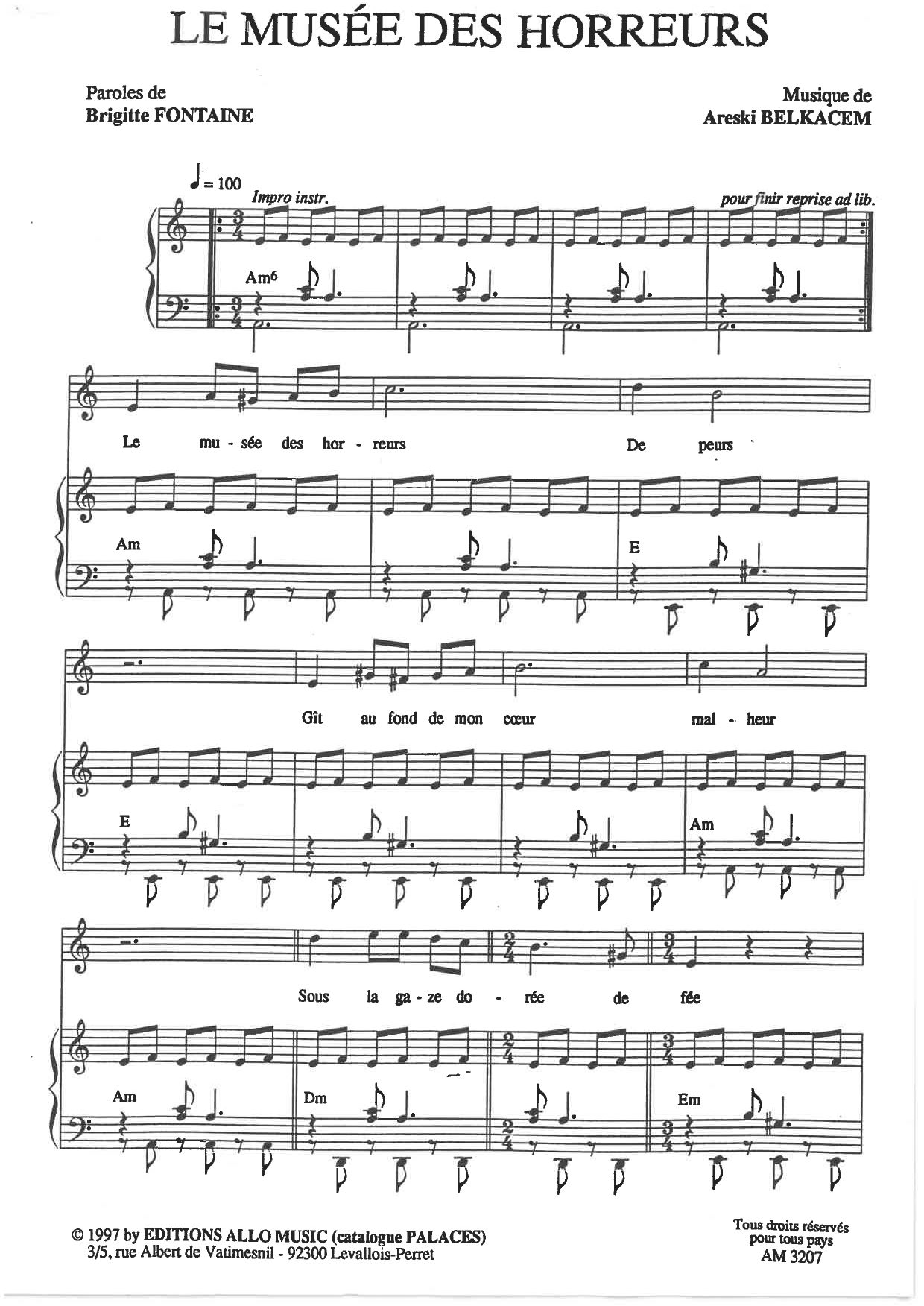 Brigitte Fontaine & Areski Belkacem Le Musée Des Horreurs sheet music notes and chords arranged for Piano & Vocal