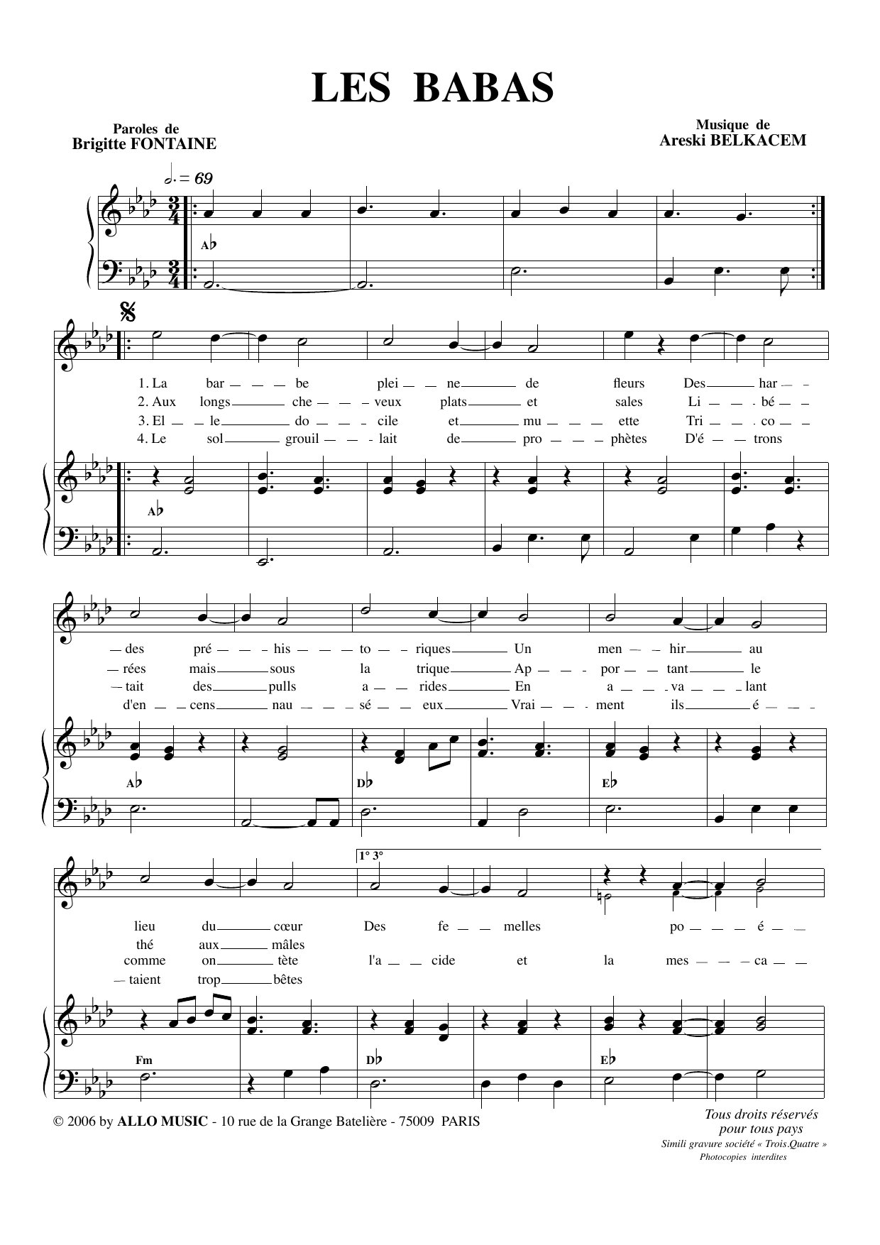 Brigitte Fontaine & Areski Belkacem Les Babas sheet music notes and chords arranged for Piano & Vocal
