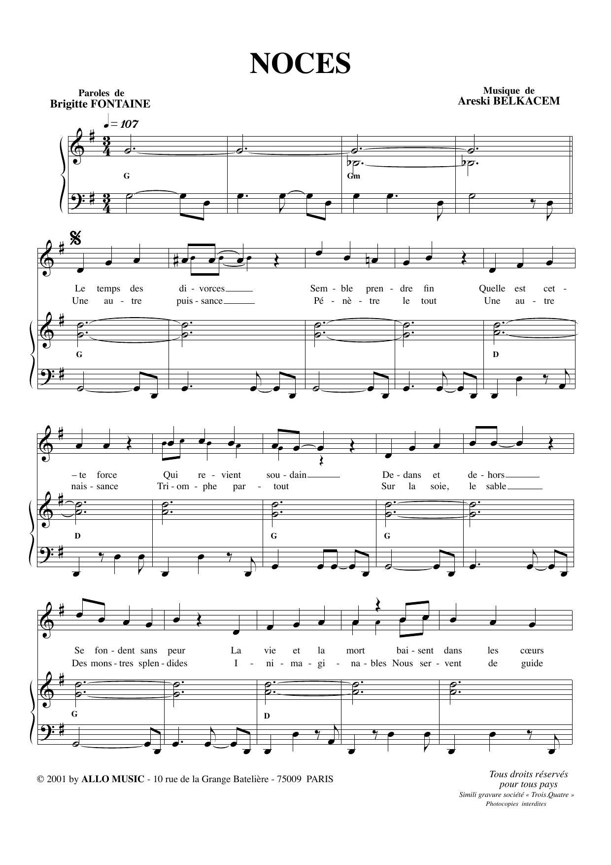 Brigitte Fontaine & Areski Belkacem Noces sheet music notes and chords arranged for Piano & Vocal