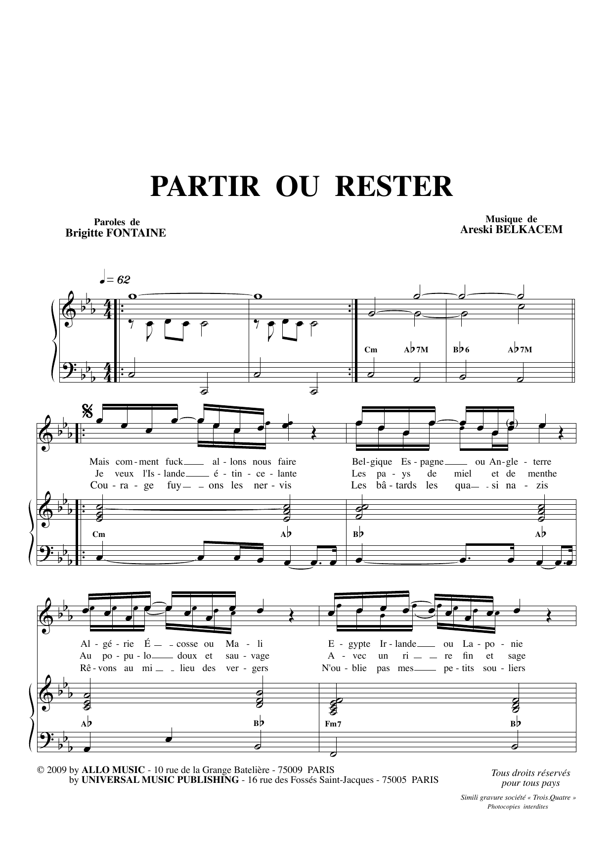 Brigitte Fontaine & Areski Belkacem Partir Ou Rester sheet music notes and chords arranged for Piano & Vocal