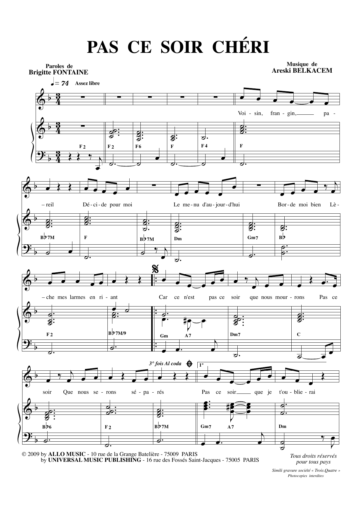 Brigitte Fontaine & Areski Belkacem Pas Ce Soir Chéri sheet music notes and chords arranged for Piano & Vocal