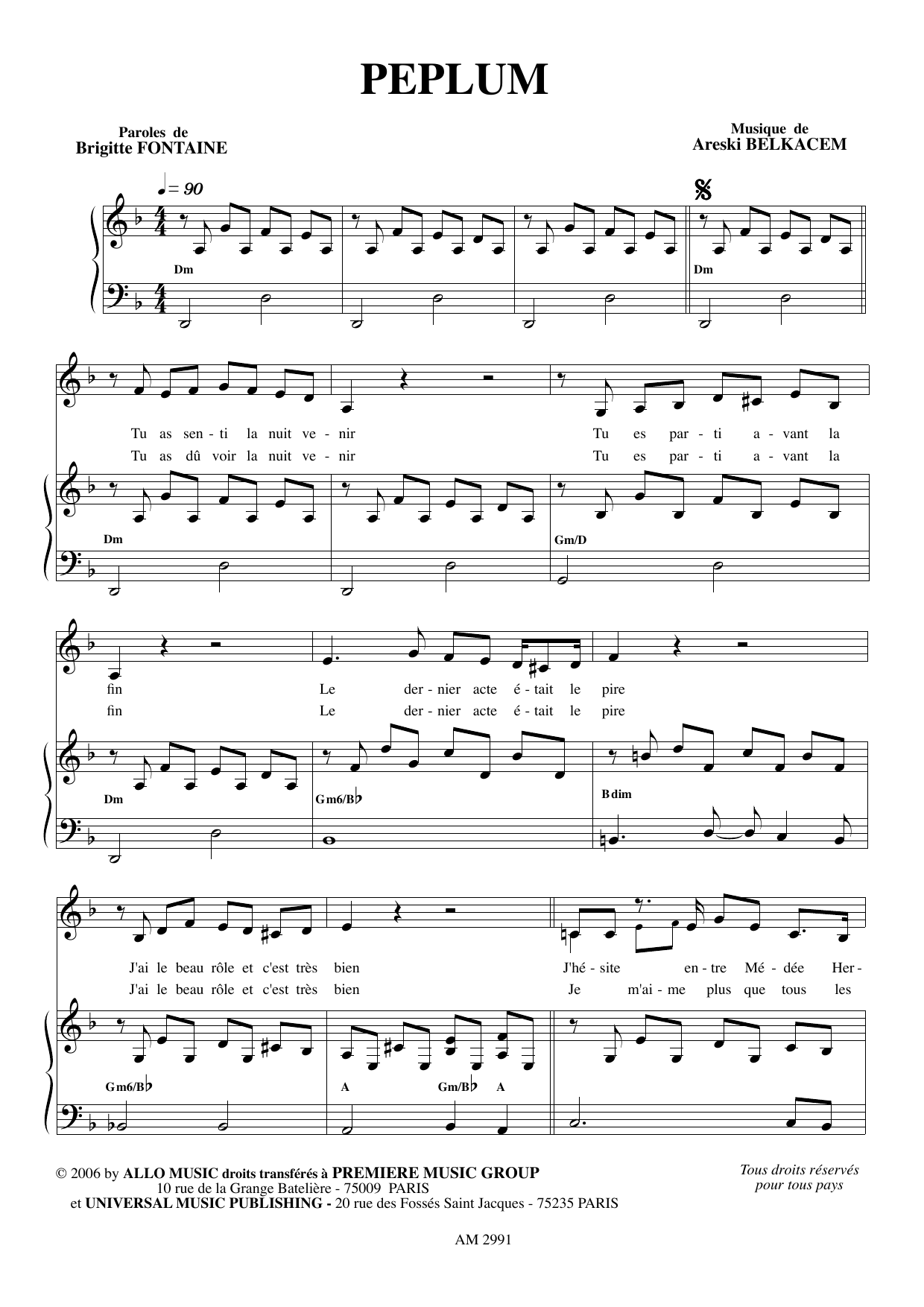 Brigitte Fontaine & Areski Belkacem Peplum sheet music notes and chords arranged for Piano & Vocal