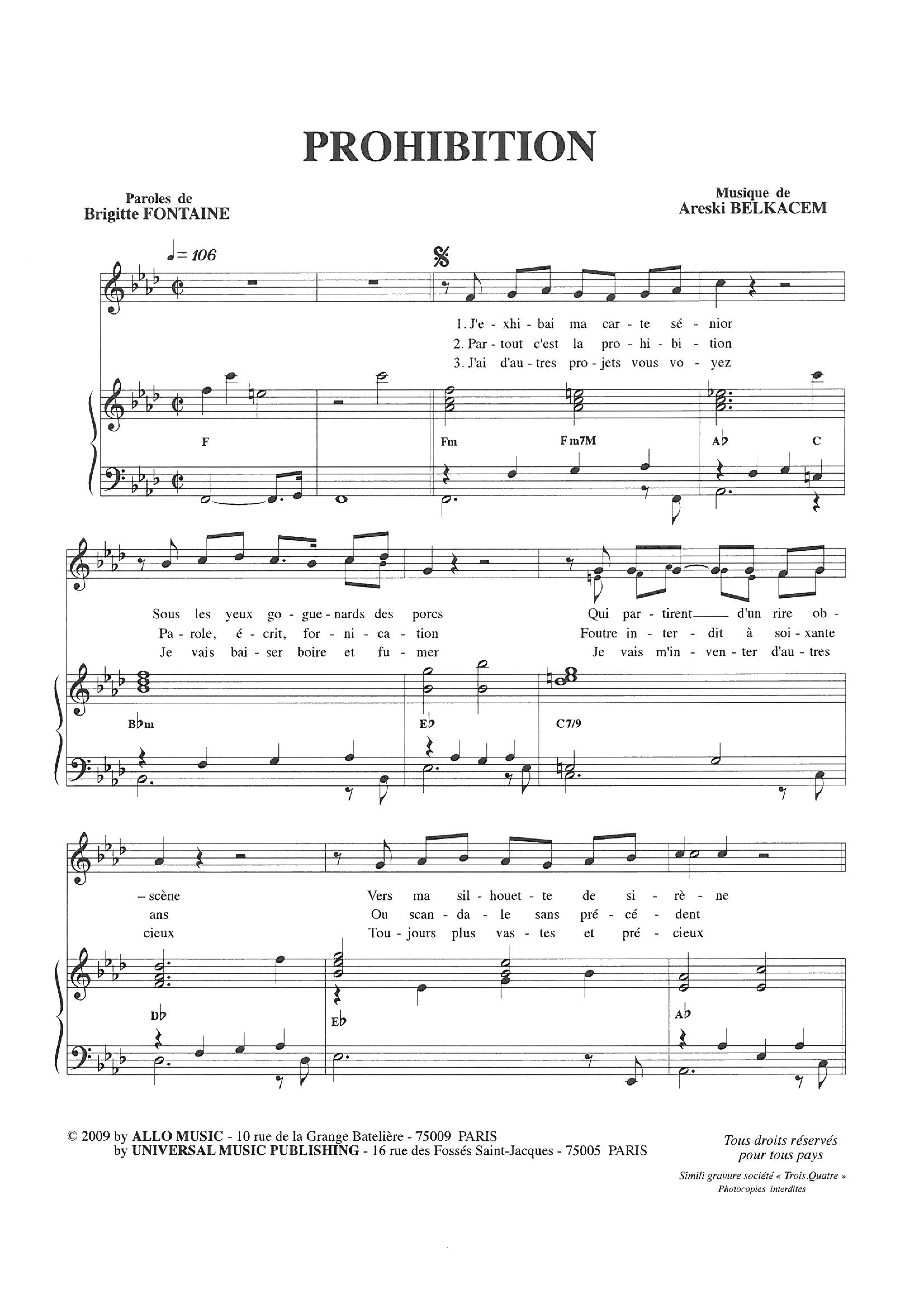 Brigitte Fontaine & Areski Belkacem Prohibition sheet music notes and chords arranged for Piano & Vocal