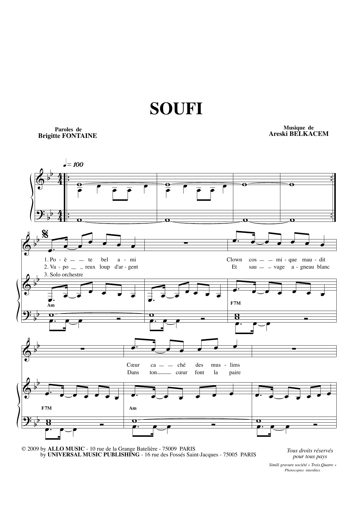 Brigitte Fontaine & Areski Belkacem Soufi sheet music notes and chords arranged for Piano & Vocal