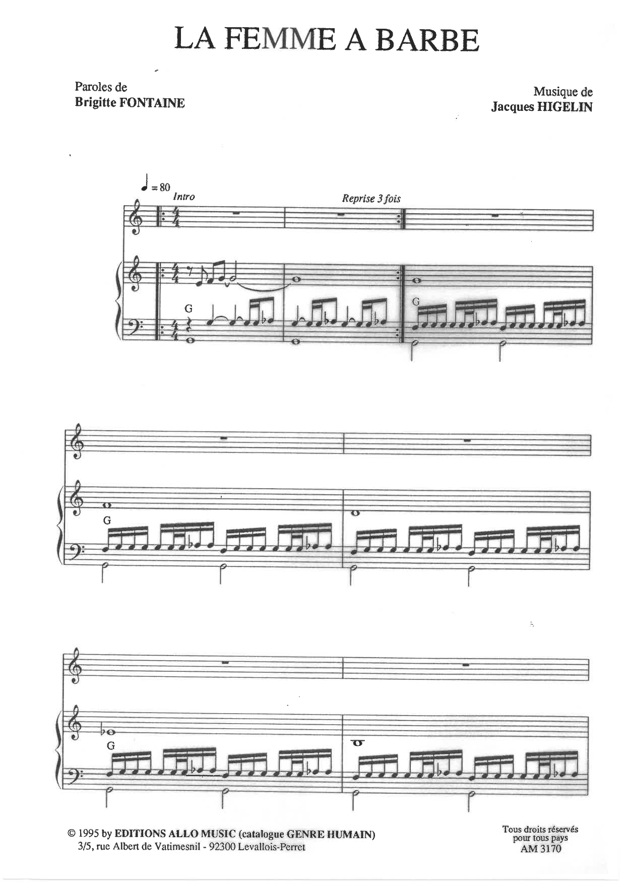 Brigitte Fontaine & Jacques Higelin La Femme A Barbe sheet music notes and chords arranged for Piano & Vocal