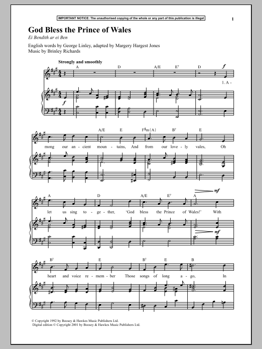 Brinley Richards God Bless The Prince Of Wales sheet music notes and chords arranged for Piano & Vocal