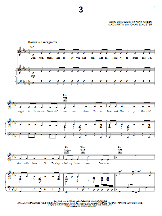 Britney Spears 3 sheet music notes and chords arranged for Piano, Vocal & Guitar Chords (Right-Hand Melody)