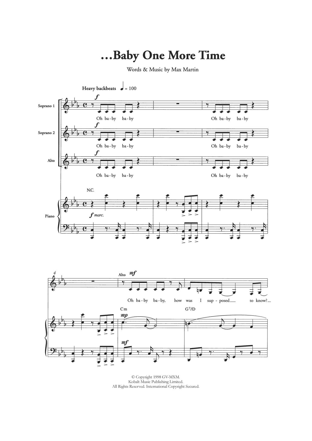Britney Spears ...Baby One More Time (Arr. Berty Rice) sheet music notes and chords arranged for Choir