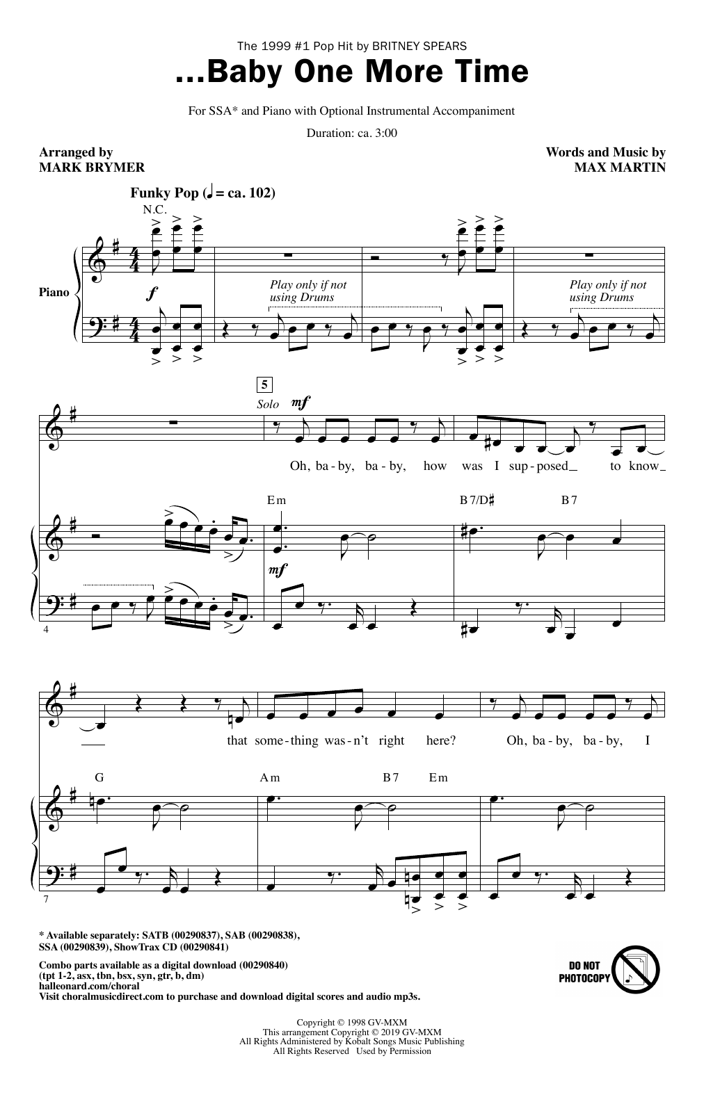 Britney Spears ...Baby One More Time (arr. Mark Brymer) sheet music notes and chords arranged for SSA Choir