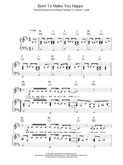 Britney Spears Born To Make You Happy sheet music notes and chords arranged for Piano, Vocal & Guitar Chords
