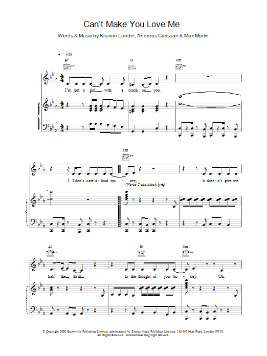 Britney Spears Can't Make You Love Me sheet music notes and chords arranged for Piano Chords/Lyrics