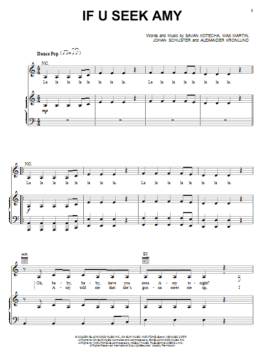 Britney Spears If U Seek Amy sheet music notes and chords arranged for Piano, Vocal & Guitar Chords (Right-Hand Melody)