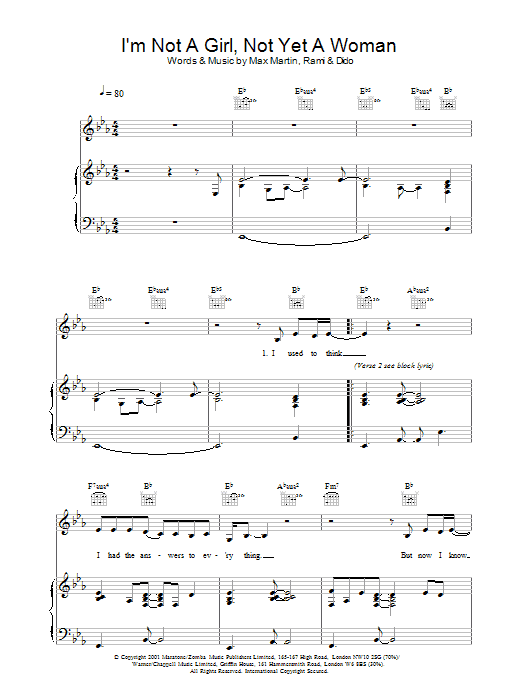 Britney Spears I'm Not A Girl, Not Yet A Woman sheet music notes and chords arranged for Piano, Vocal & Guitar Chords