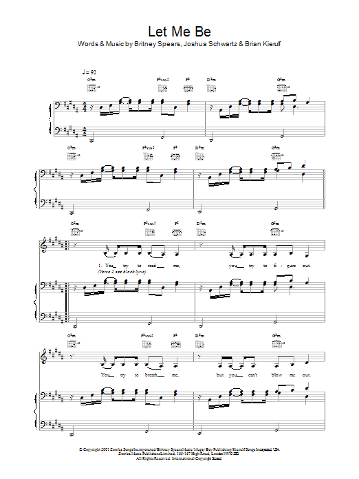 Britney Spears Let Me Be sheet music notes and chords arranged for Piano, Vocal & Guitar Chords