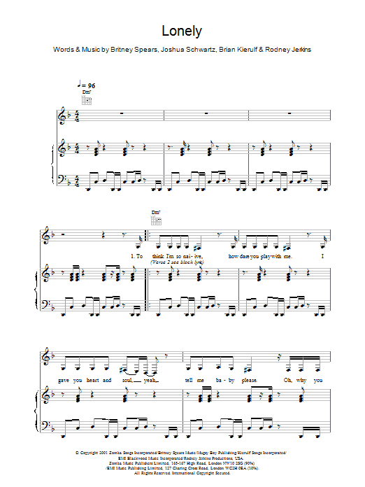 Britney Spears Lonely sheet music notes and chords arranged for Piano, Vocal & Guitar Chords