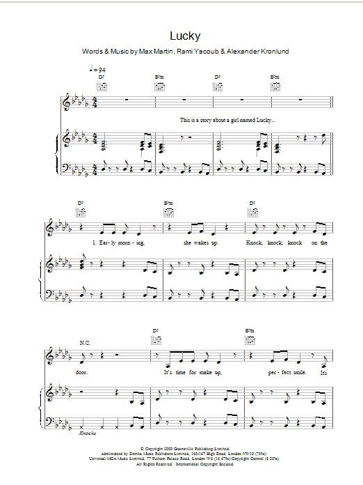 Britney Spears Lucky sheet music notes and chords arranged for Piano, Vocal & Guitar Chords