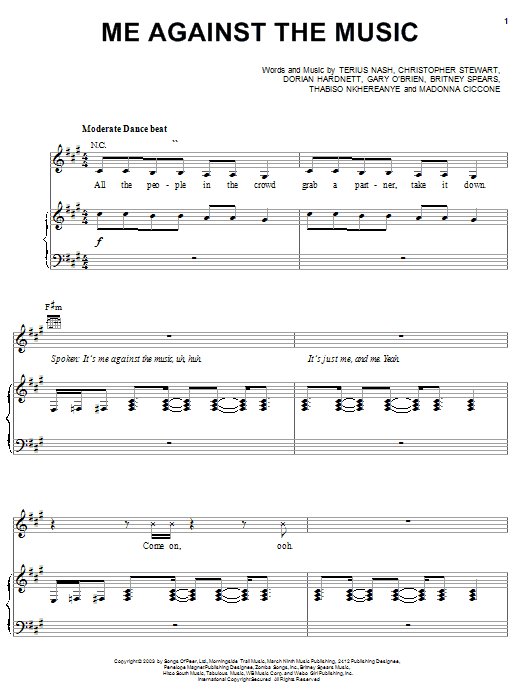 Britney Spears Me Against The Music sheet music notes and chords arranged for Guitar Chords/Lyrics