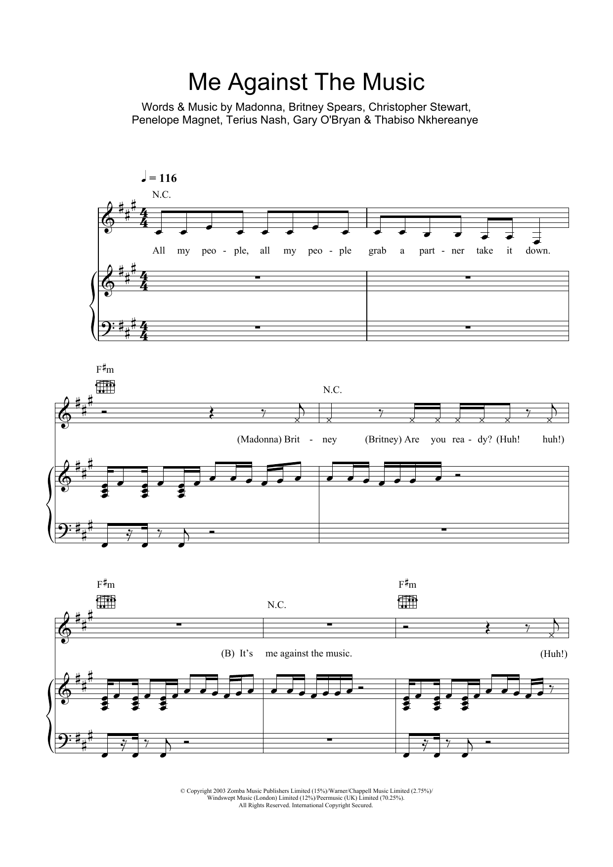 Britney Spears Me Against The Music (Remix) (featuring Madonna) sheet music notes and chords arranged for Piano, Vocal & Guitar Chords