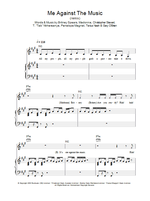 Britney Spears Me Against The Music (remix) sheet music notes and chords arranged for Piano, Vocal & Guitar Chords