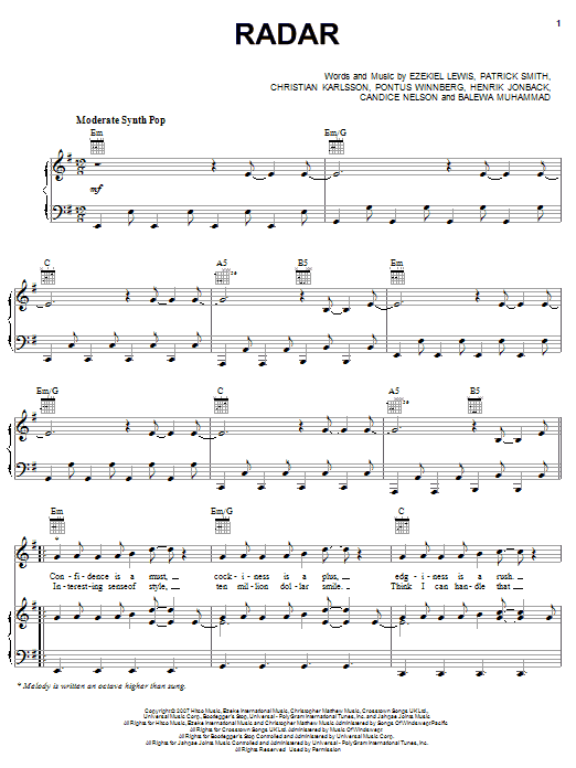 Britney Spears Radar sheet music notes and chords arranged for Piano, Vocal & Guitar Chords (Right-Hand Melody)