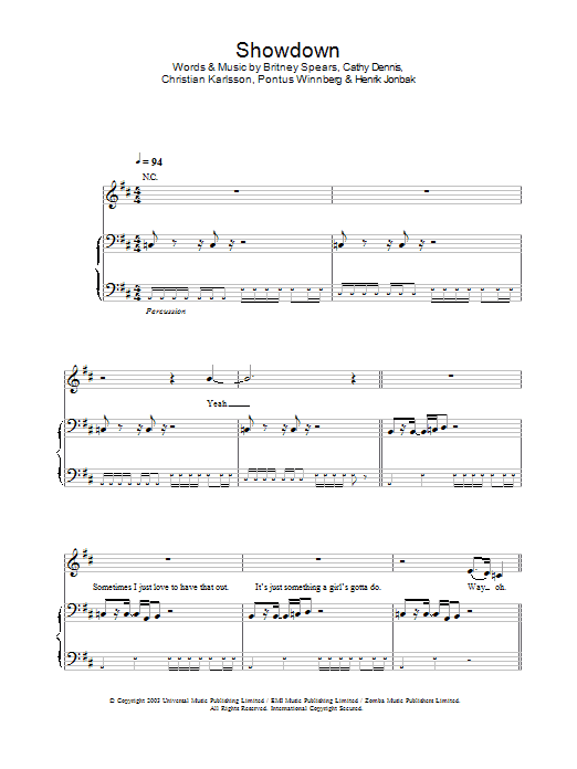 Britney Spears Showdown sheet music notes and chords arranged for Piano, Vocal & Guitar Chords