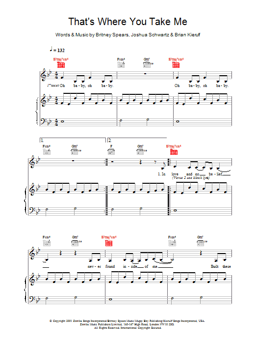 Britney Spears That's Where You Take Me sheet music notes and chords arranged for Piano, Vocal & Guitar Chords