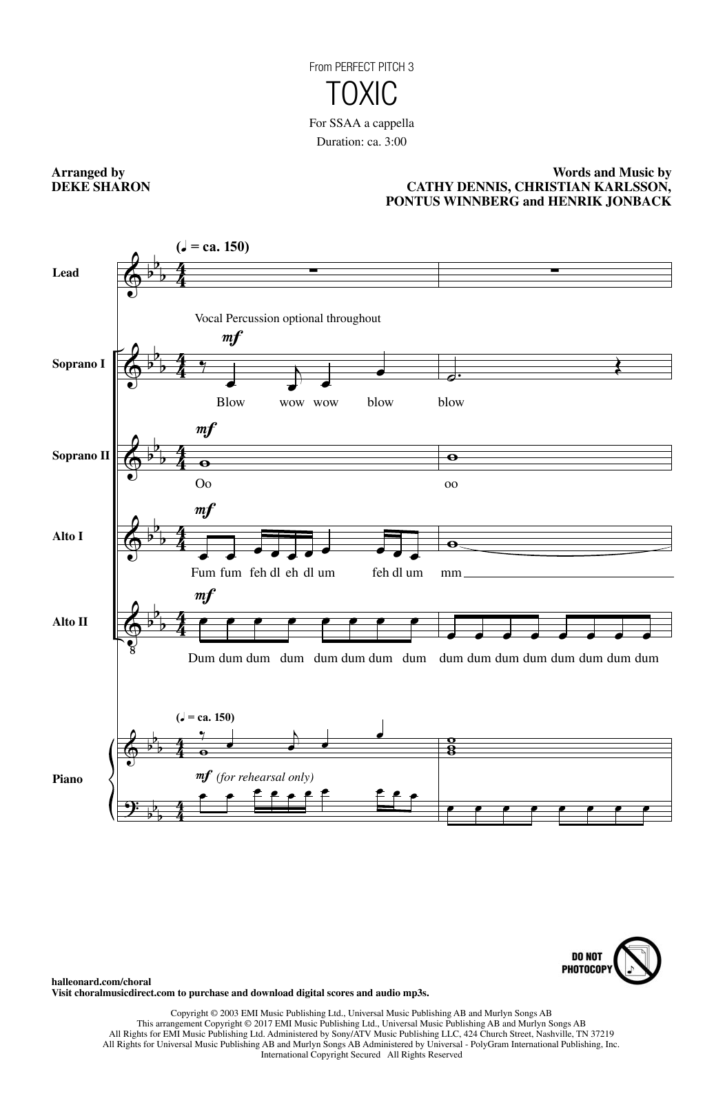Britney Spears Toxic (arr. Deke Sharon) sheet music notes and chords arranged for SSAA Choir