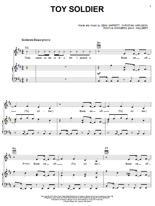 Britney Spears Toy Soldier sheet music notes and chords arranged for Piano, Vocal & Guitar Chords (Right-Hand Melody)