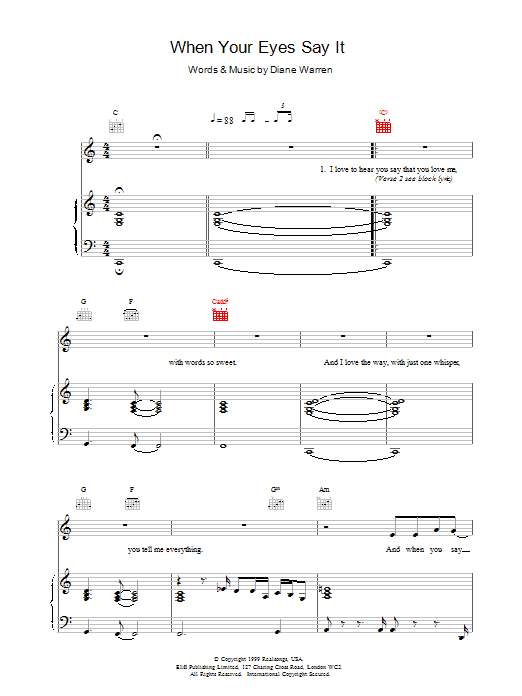 Britney Spears When Your Eyes Say It sheet music notes and chords arranged for Piano, Vocal & Guitar Chords