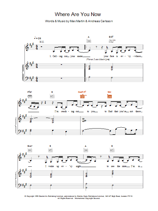 Britney Spears Where Are You Now sheet music notes and chords arranged for Piano, Vocal & Guitar Chords