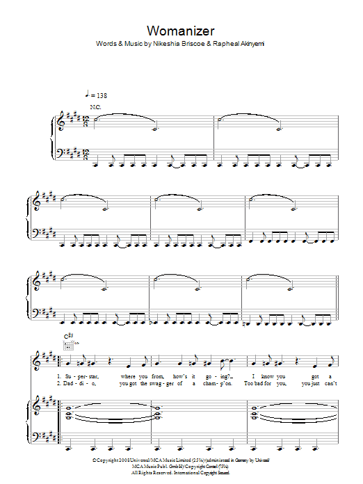 Britney Spears Womanizer sheet music notes and chords arranged for Piano, Vocal & Guitar Chords