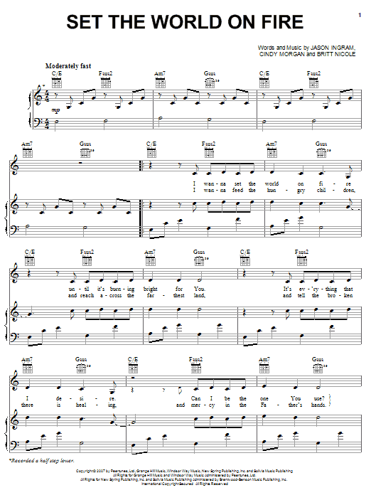 Britt Nicole Set The World On Fire sheet music notes and chords arranged for Piano, Vocal & Guitar Chords (Right-Hand Melody)