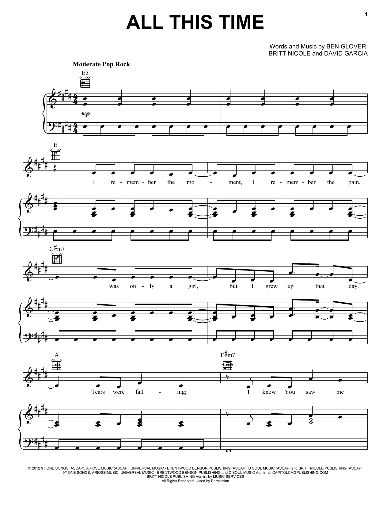Britt Nicole All This Time sheet music notes and chords arranged for Piano, Vocal & Guitar Chords (Right-Hand Melody)